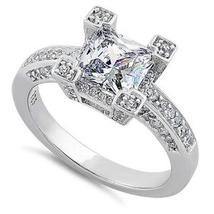 Sterling Silver Ornate Princess Engagement Ring